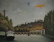 Henri Rousseau View of the Pont Sevres and the Hills of Clamart, Saint-Cloud, and Bellevue with Biplane, Ballon and Dirigible By Henri Rousseau USA oil painting artist
